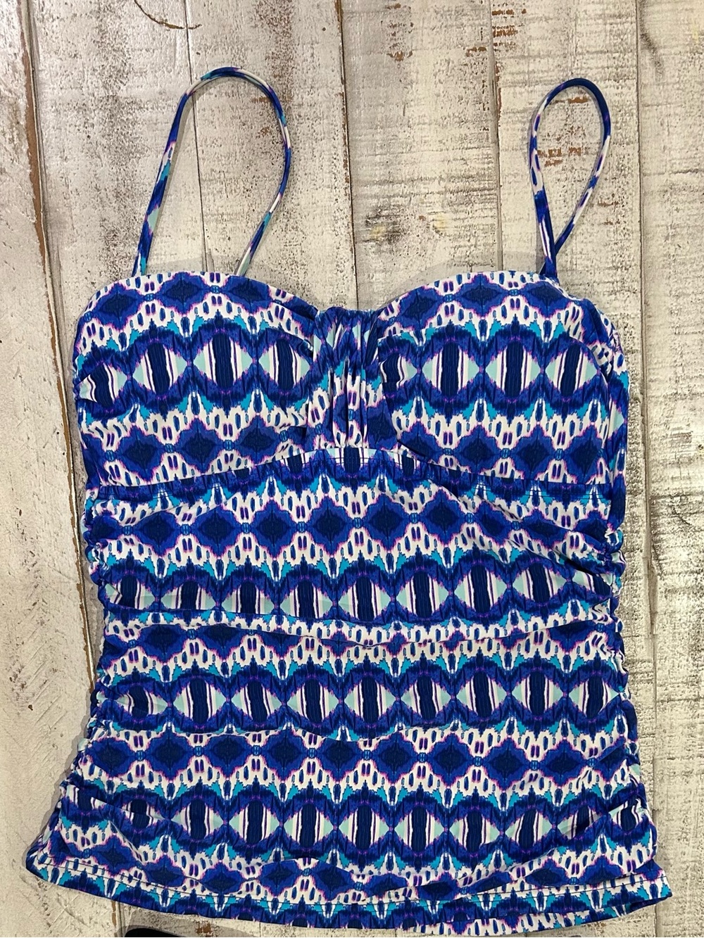 Kenneth Cole Blue Patterned ruched padded tankini top Large